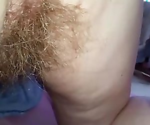 wifes long pubic hair & hairy ass crack as she kneels